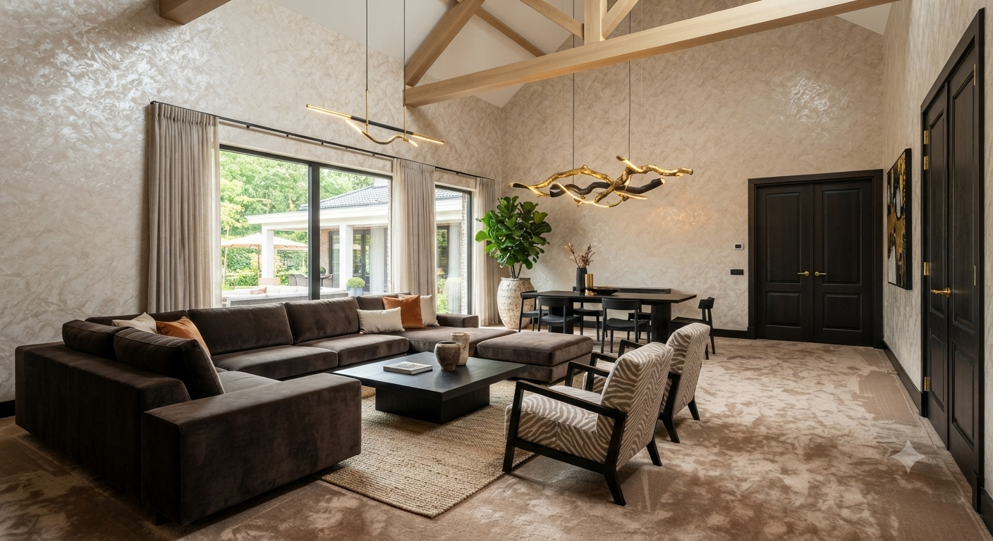 Contemporary living room with pitched ceilings