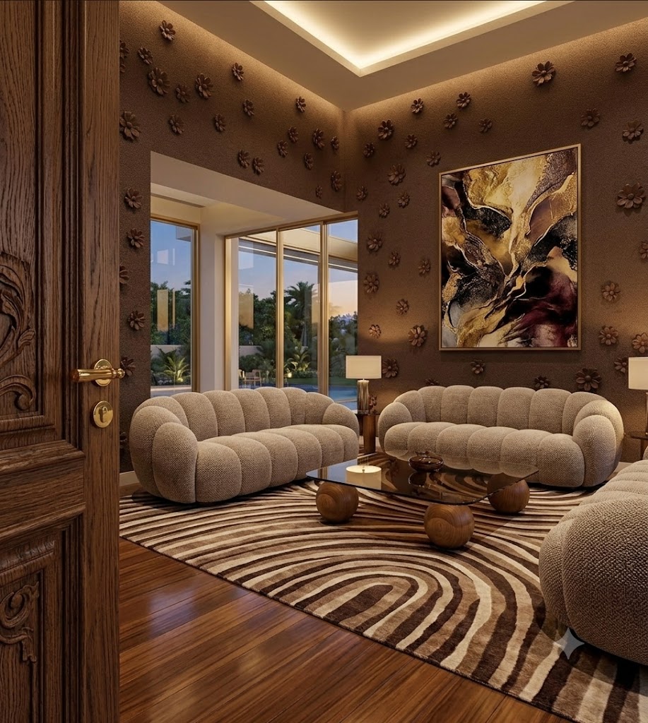 Dramatic warm brown salon with sculptural walls