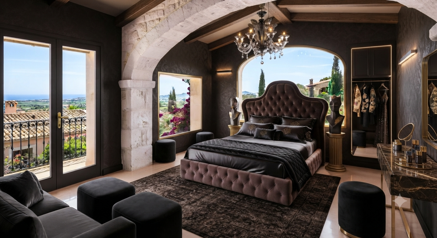 Moody bespoke bedroom interior with sea view