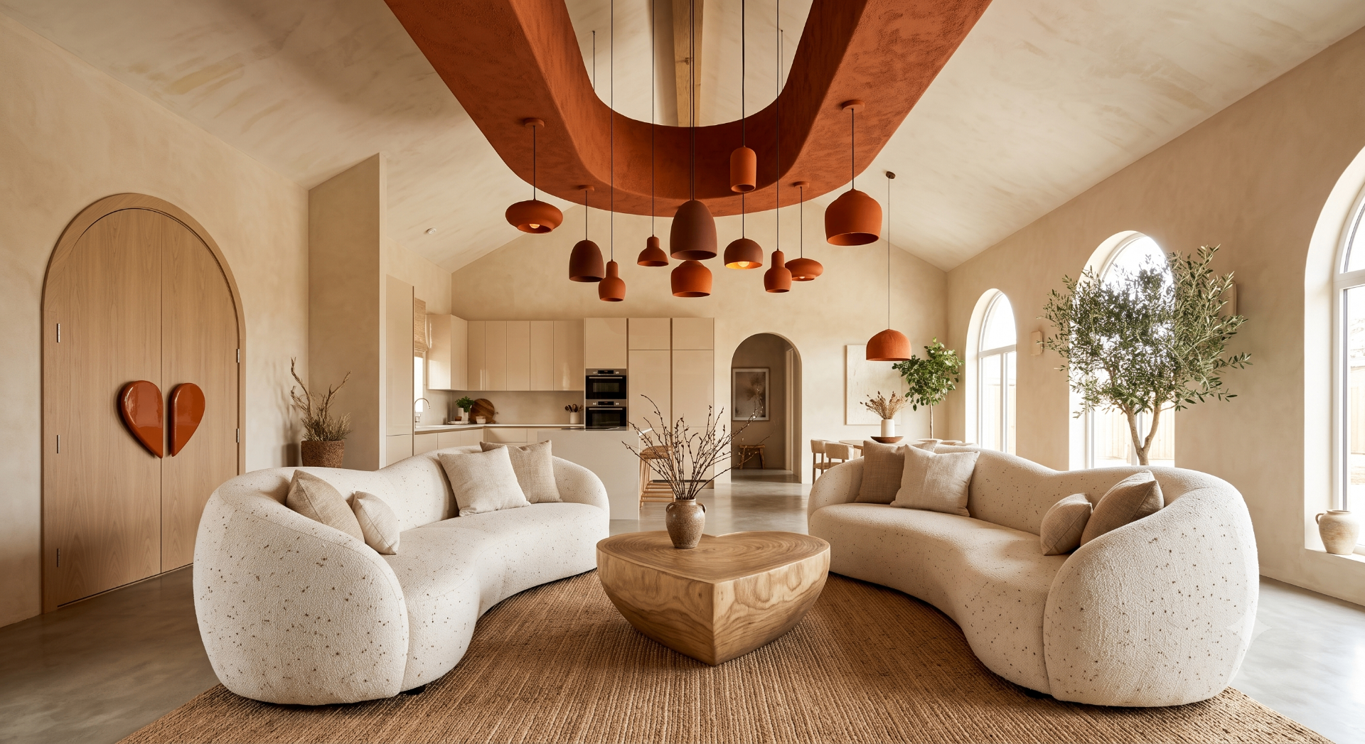 Warm sculpted living room with terracotta pendants